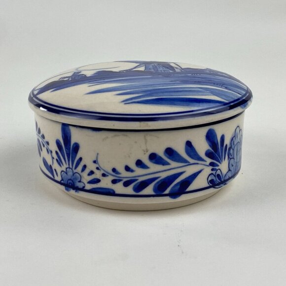 Vintage Delft Blue Holland Windmill Trinket Box Hand Painted Round Ceramic - Picture 4 of 10